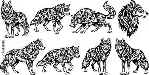 Wolf tribal silhouette illustration, ornamental animal artwork, wild predator design concept, black and white decorative vector template set