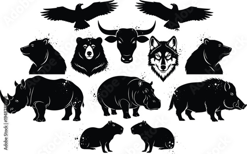 Wild animal silhouette illustration, diverse species artwork, wildlife design concept, black and white nature vector template set for education