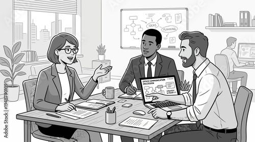 Modern office meeting with four professionals around table, leader presenting, others listening with laptops and tablets, glass walls showing “PROJECT,” “INNOVATION,” “STRATEGY,” symbolizing teamwork 