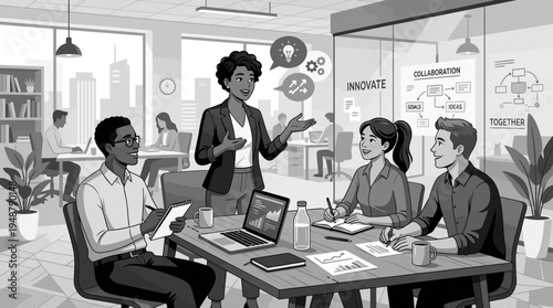 Modern office meeting with four professionals around table, leader presenting, others listening with laptops and tablets, glass walls showing “PROJECT,” “INNOVATION,” “STRATEGY,” symbolizing teamwork 