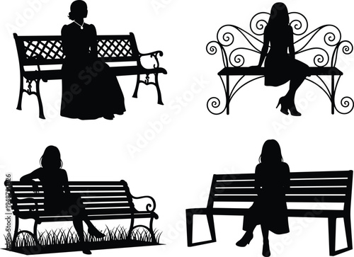 Women seated on benches, decorative designs, lifestyle silhouettes, outdoor relaxation, urban furniture icons, black and white illustration