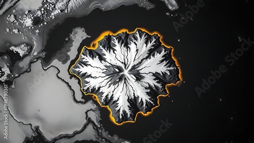 Black-and-white satellite image of a newborn island glowing with geothermal energy in glacial waters.