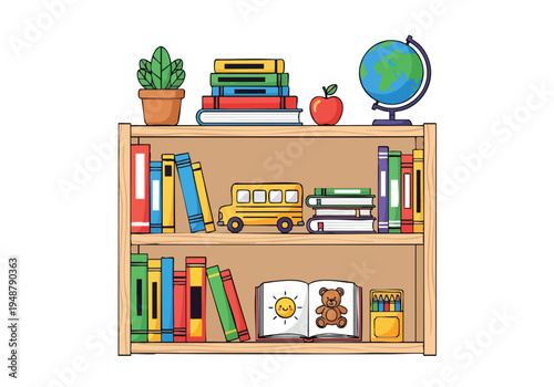 A colorful and whimsical illustration of a bookshelf filled with books, a globe, a toy school bus, a plant, and art supplies, evoking a sense of learning and childhood wonder