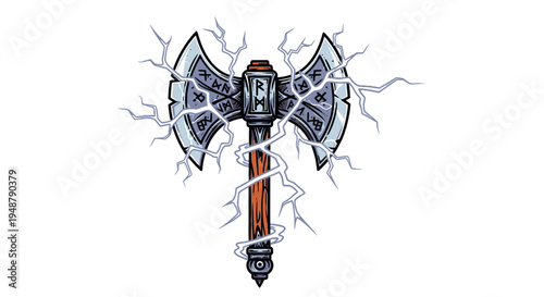 Fantasy Battle Axe with Runes and Lightning Effects