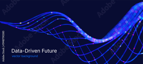 Dynamic luminous particle wave forming a digital surface, symbolizing neural networks, machine learning, data processing, virtual technology, innovation and high tech visualization vector background.
