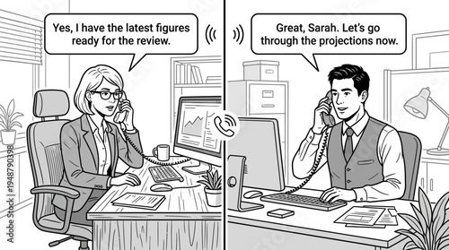 Modern office with two professionals at desks, speaking on phones, coordinating report review meeting, background workers, plants, and office furniture, symbolizing teamwork, communication, and produc