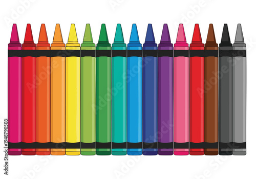 A vibrant collection of multi-colored crayons, neatly arranged in a row, showcasing a spectrum of bright and lively hues, perfect for artistic creations and childhood imagination