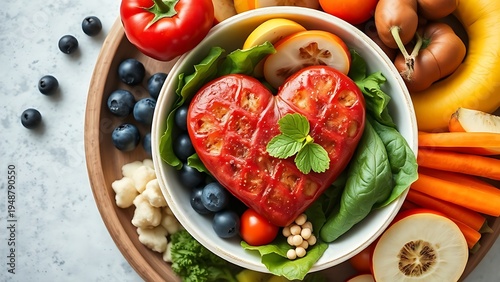 A ceramic bowl filled with fresh vegetables and fruits arranged for a healthy meal.
