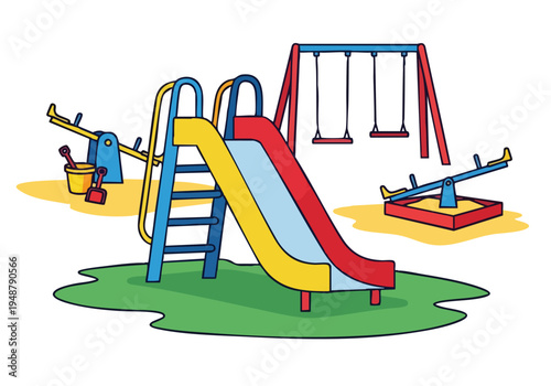 A vibrant illustration of a children's playground featuring a slide, swings, seesaws, and a sandpit, set on a grassy area with trees in the background, evoking joy and outdoor fun for kids