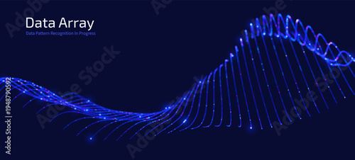 Dynamic luminous particle wave forming a digital surface, symbolizing neural networks, machine learning, data processing, virtual technology, innovation and high tech visualization vector background.
