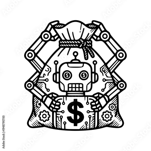 AI Robot with Robotic Arms Holding Money Bag Fintech Line Art Illustration