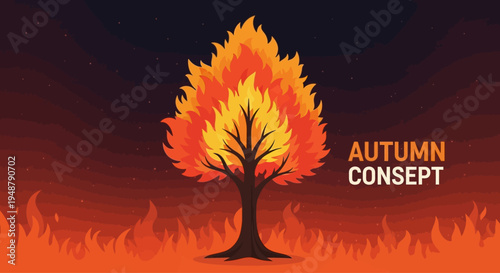 Fiery Autumn Tree Concept with Flames and Dark Sky