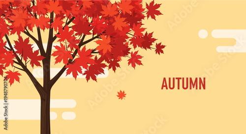 Autumn Tree with Red Leaves and Falling Leaf, Yellow Background, Minimalist Style