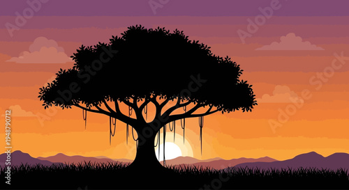 Pixel Art Banyan Tree Silhouette at Sunset with Vibrant Sky and Mountains