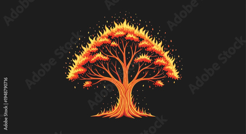 Fiery Tree Silhouette Against Dark Background, Symbolizing Destruction and Renewal
