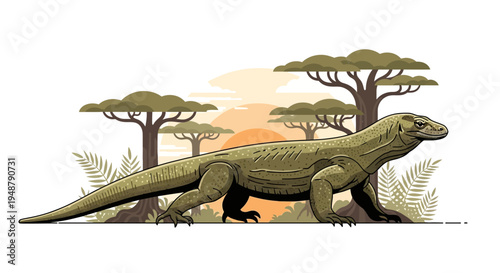 Komodo Dragon Walking in Savannah Landscape at Sunset