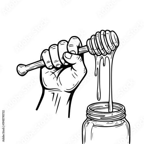 Hand Holding Wooden Dipper with Dripping Honey into Jar Line Art Vector