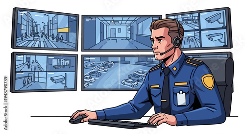 Security guard monitors surveillance cameras on multiple screens in control room