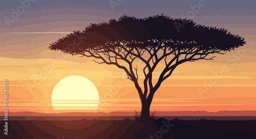 Pixel Art African Savanna Sunset with Acacia Tree Silhouette