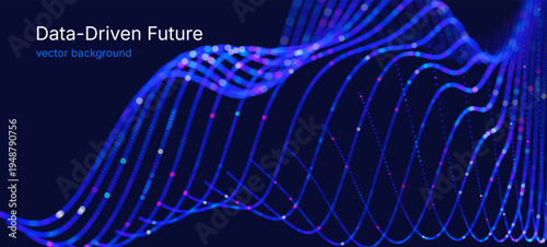 Dynamic luminous particle wave forming a digital surface, symbolizing neural networks, machine learning, data processing, virtual technology, innovation and high tech visualization vector background.