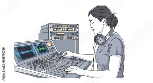 Sound Engineer Working on Audio Mixer in Recording Studio