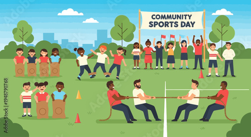 Community Sports Day: Diverse Kids and Adults Enjoying Outdoor Games and Activities