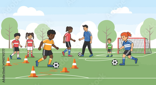 Childrens soccer practice with coach on grassy field, outdoor sports training for kids