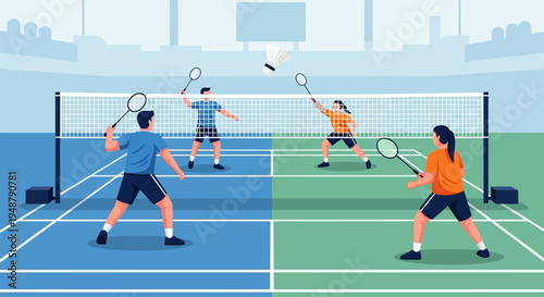 Badminton match, doubles game, players hitting shuttlecock over net on court, sports illustration