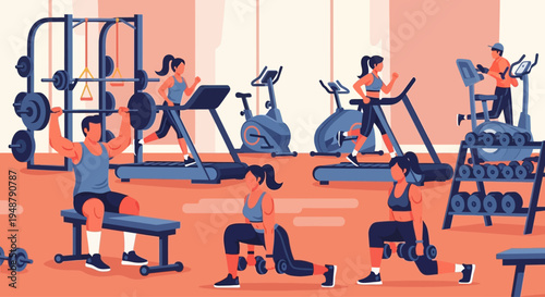 Diverse people exercising in a modern gym with cardio and weight machines
