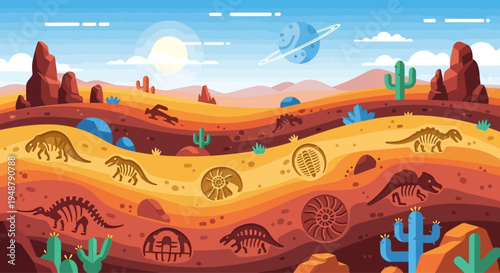 Dinosaur fossils and skeletons in a desert landscape with alien planet