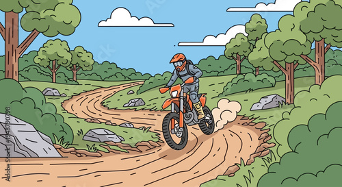 Dirt bike rider on a dusty trail through a forest, extreme sports, outdoor adventure