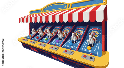 Vintage Carnival Horse Race Game Stall with Colorful Balls and Controls
