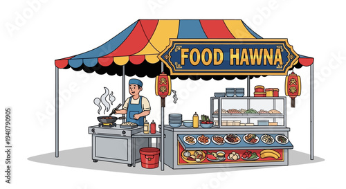 Street food stall with chef cooking, vibrant colors, diverse dishes displayed