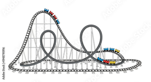 Thrilling Roller Coaster Ride with Colorful Trains on White Background