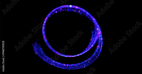 Vector illustration of dynamic, glowing spiral in vibrant neon colors (blue, purple, pink) on black backdrop. Retrofuturistic aesthetic of synthwave, outrun, and 80s retro gaming. Light spiral element