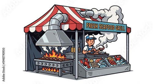 Seafood Grill Stand with Chef Cooking Fresh Lobster and Fish at Outdoor Market