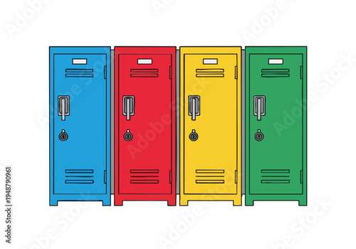 Colorful Row of School Lockers in Blue, Red, Yellow, and Green