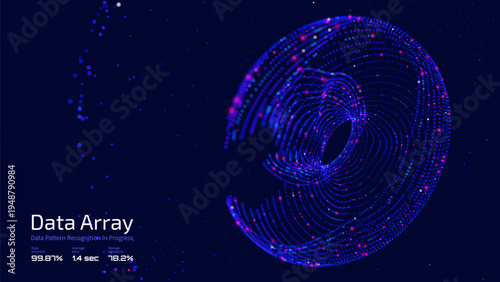 Vector illustration of dynamic, glowing spiral in vibrant neon colors (blue, purple, pink) on black backdrop. Retrofuturistic aesthetic of synthwave, outrun, and 80s retro gaming. Light spiral element