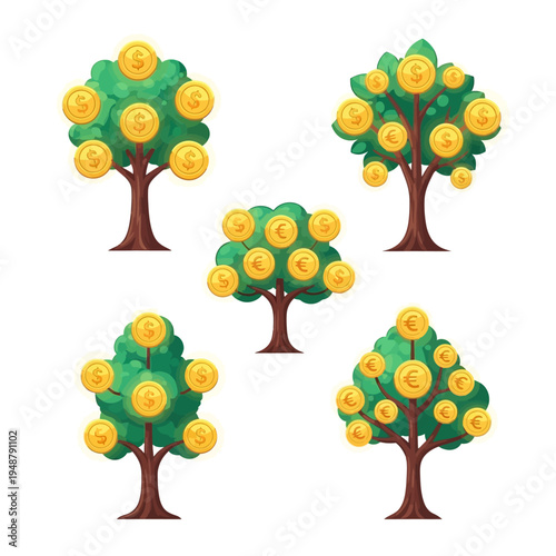 Money Trees with Dollar and Euro Coins: Financial Growth and Investment Concept