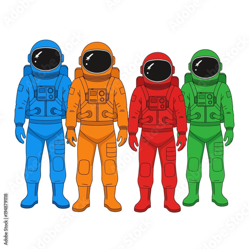 Four Astronauts in Colorful Spacesuits Standing Together - Blue, Orange, Red, Green