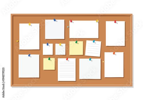 A cork bulletin board covered with various sheets of paper, sticky notes, and thumbtacks, useful for displaying important information and reminders