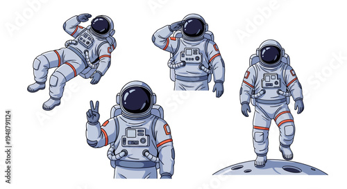 Astronauts in Space: Floating, Saluting, Peace Sign, and Moon Landing Poses