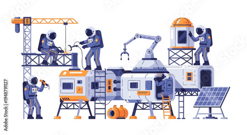 Astronauts building space station, futuristic construction, outer space exploration, sci-fi concept