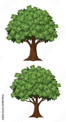 Money Tree: Two Lush Green Trees Laden with US Dollar Bills