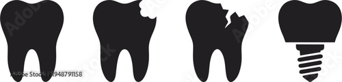Healthy and damaged tooth states silhouettes collection solid black vector shapes on white