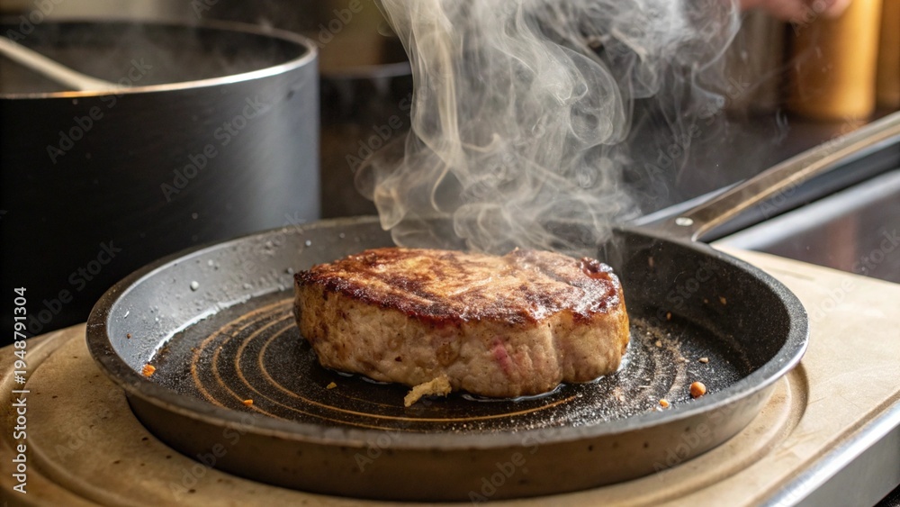 Fototapeta premium Steak Sizzling on Pan with Smoke