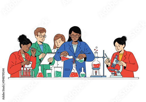 Diverse group of scientists conducting a chemistry experiment in a laboratory, demonstrating teamwork and innovation in scientific research