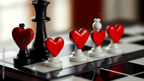 Symbolic chessboard with heart-shaped pieces at varied positions, depicting romantic timing dynamics.