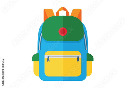 A vibrant blue, green, and yellow backpack, ideal for school or travel, featuring multiple compartments and zippers for organized storage