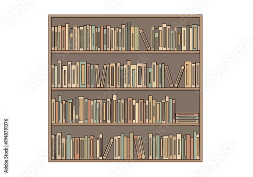 A detailed illustration of a four-shelf bookcase filled with numerous books of varying sizes and colors, neatly arranged for easy access and viewing